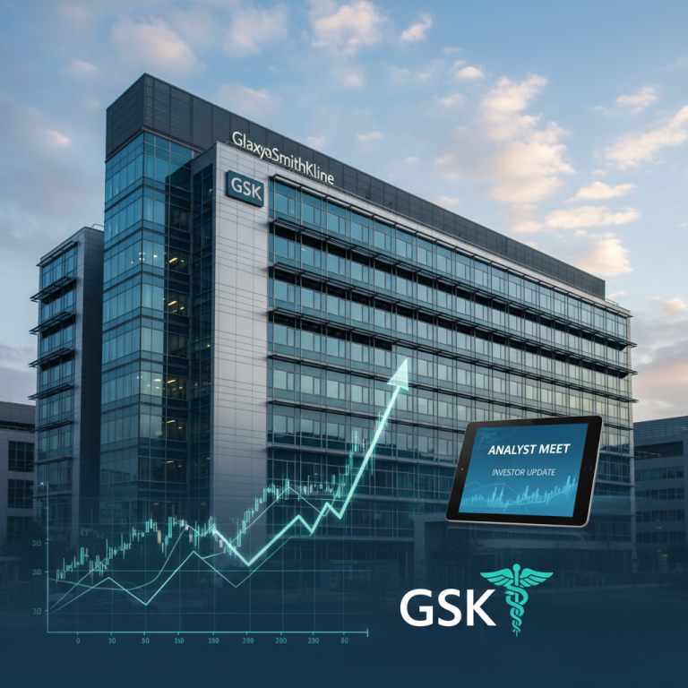 A modern building with "GlaxoSmithKline" signage, an overlay of an upward-trending stock chart, and a tablet displaying "Analyst Meet Investor Update."