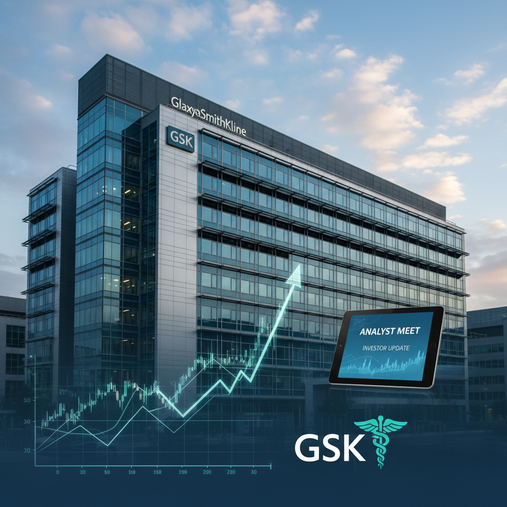 A modern building with "GlaxoSmithKline" signage, an overlay of an upward-trending stock chart, and a tablet displaying "Analyst Meet Investor Update."