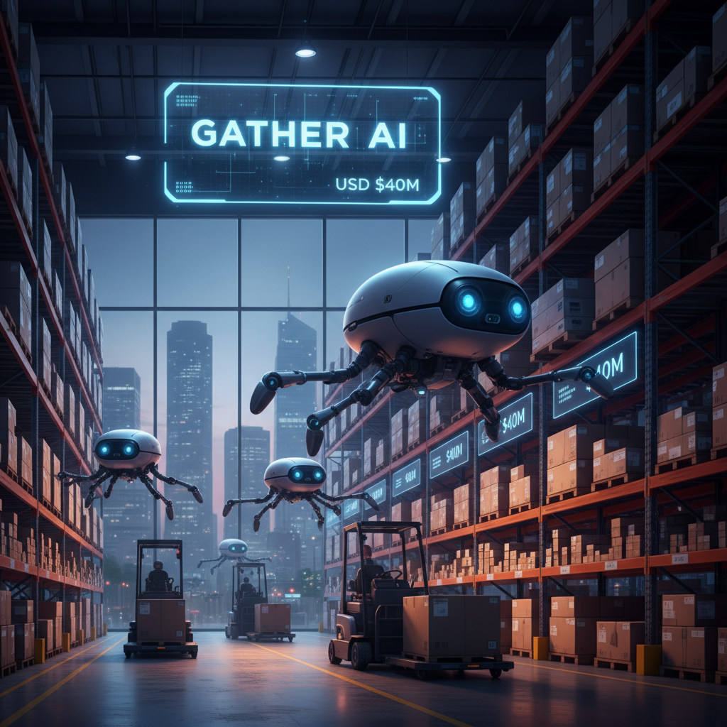 Futuristic drones with glowing blue eyes fly among shelves and forklifts in a large, modern warehouse at dusk.