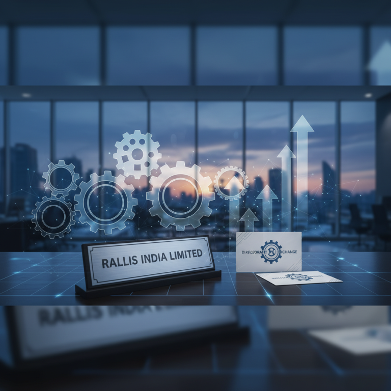 A professional image with gears, upward arrows, and "Rallis India Limited" on a nameplate, symbolizing executive changes and growth.
