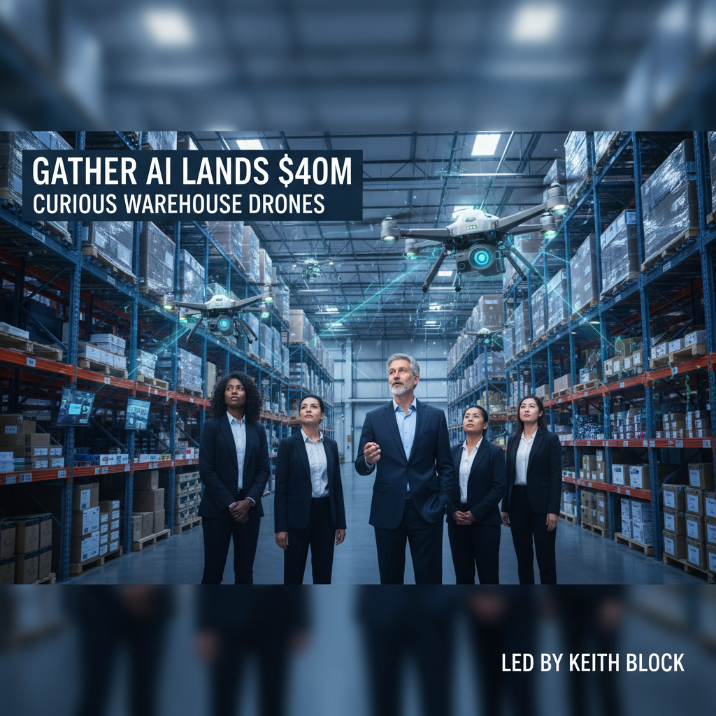 A diverse team of professionals in a modern warehouse looking up at advanced AI drones flying amongst shelves.