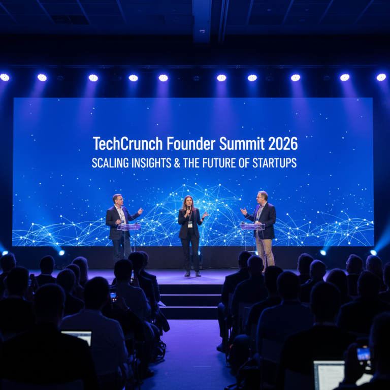 Three speakers on stage at the TechCrunch Founder Summit 2026, addressing a large audience.