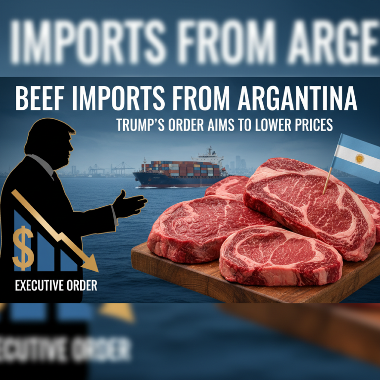 Image shows a visual representation of Trump's executive order on beef imports, with a ship and steaks.