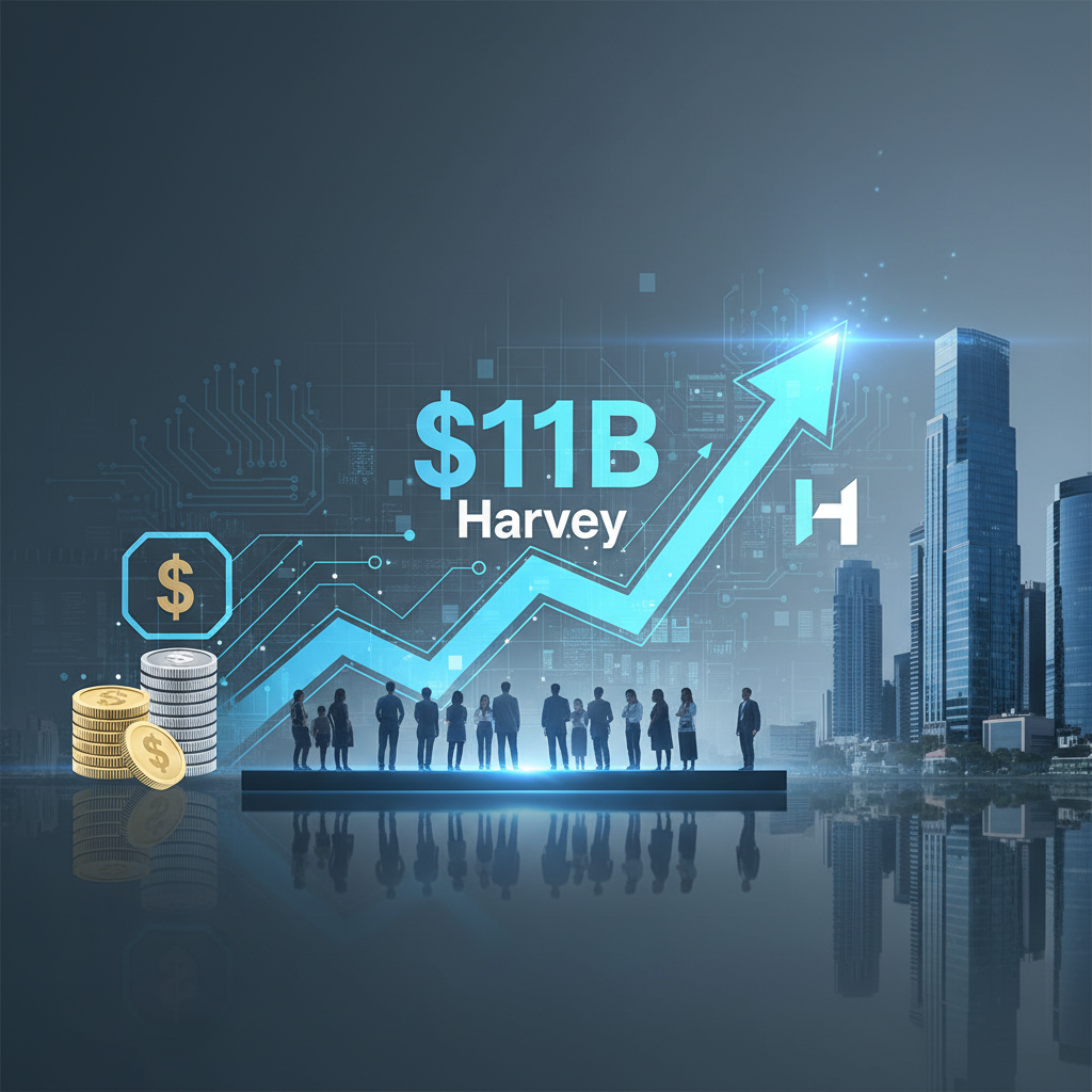 A professional visual representing business growth with an upward arrow, cityscape, dollar signs, and the text "$11B Harvey."
