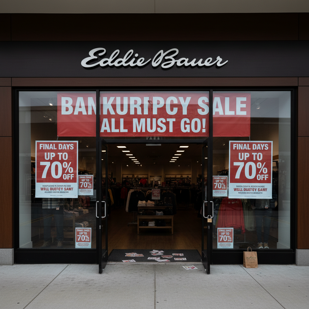 A storefront of an Eddie Bauer retail store with large red "BANKRUPTCY SALE ALL MUST GO!" signs.