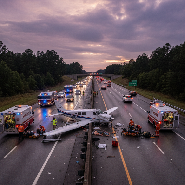 A small white plane crashed on a highway with emergency vehicles and personnel at dusk.
