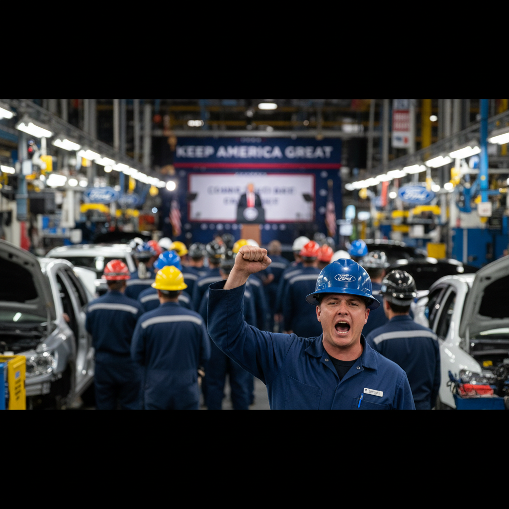 A Ford factory worker shouts with a raised fist at a rally for Donald Trump in a manufacturing plant.
