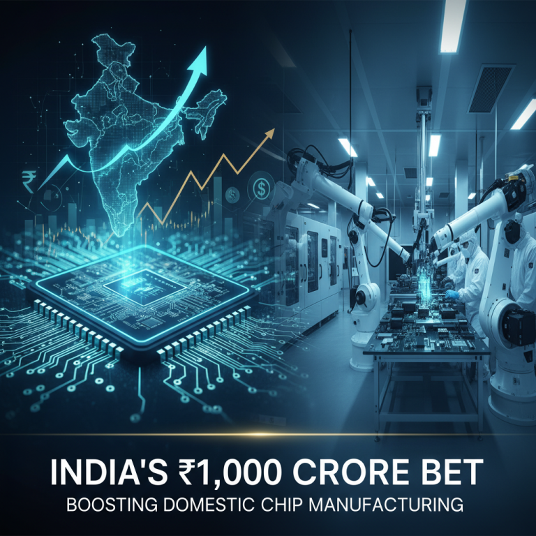 A composite image showing a glowing microchip and a map of India with an upward arrow, alongside a cleanroom manufacturing facility.
