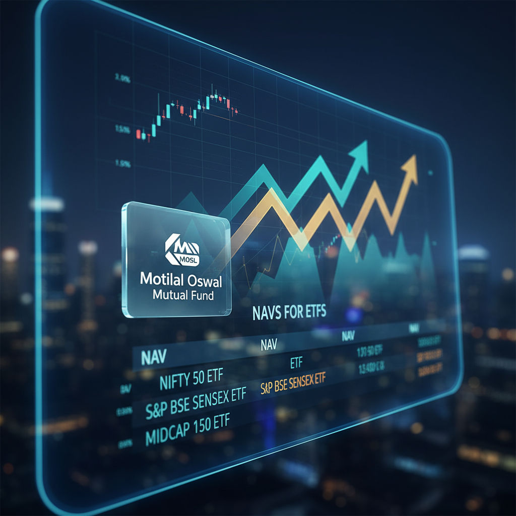 A professional digital display with the Motilal Oswal Mutual Fund logo, "NAVS FOR ETFS," market charts, and upward arrows.