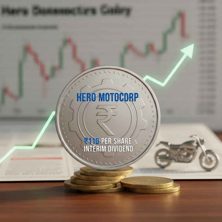 A silver coin with "HERO MOTOCORP ₹110 PER SHARE INTERIM DIVIDEND" on it, stacked on gold coins.