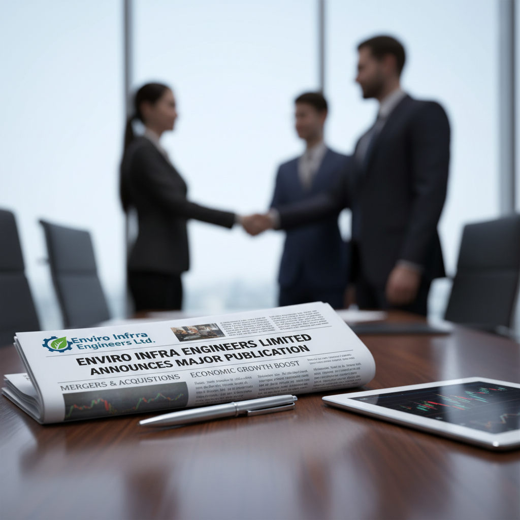 A newspaper with "Enviro Infra Engineers Ltd. Announces Major Publication" on a meeting table with business people in the background.