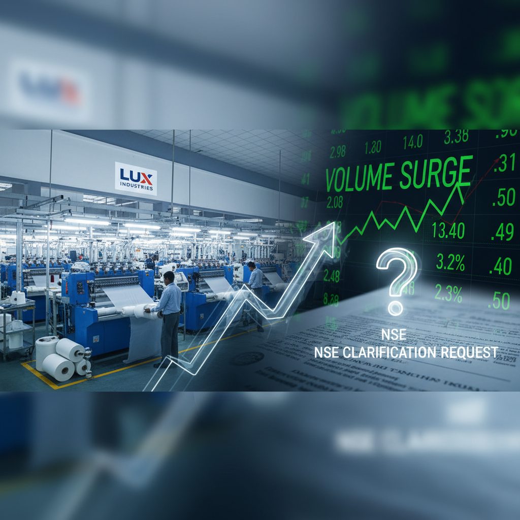 An image showing a factory floor, Lux Industries logo, stock market data, an upward arrow, and a question mark.