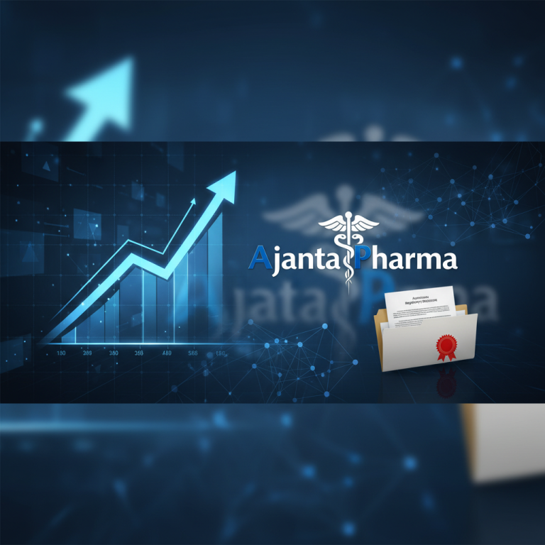 A professional graphic for "Ajanta Pharma Addresses Rumors with Regulatory Disclosure," featuring a rising stock chart, the company logo, and a regulatory document.