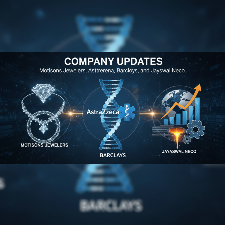 A professional visual representing company updates with icons for jewellery, biotechnology, banking, and industrial growth against a digital background.