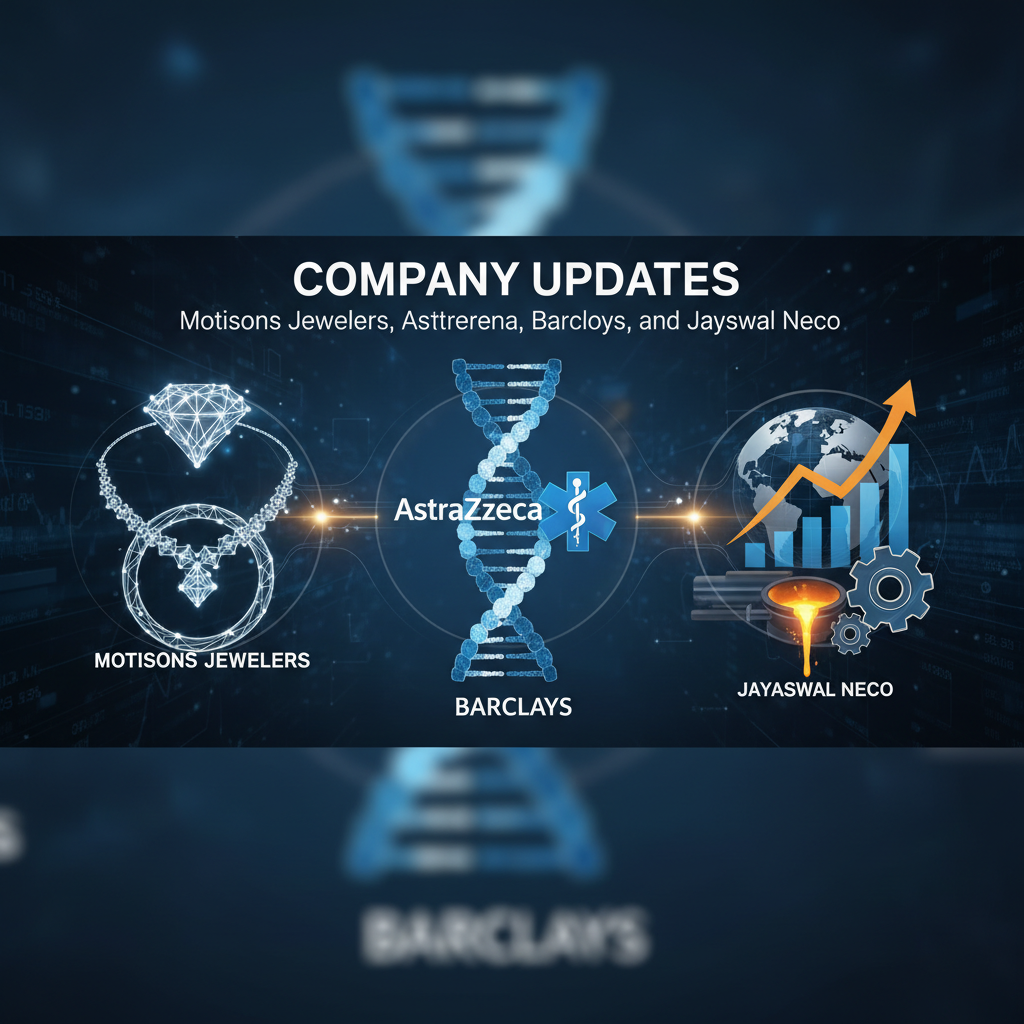 A professional visual representing company updates with icons for jewellery, biotechnology, banking, and industrial growth against a digital background.