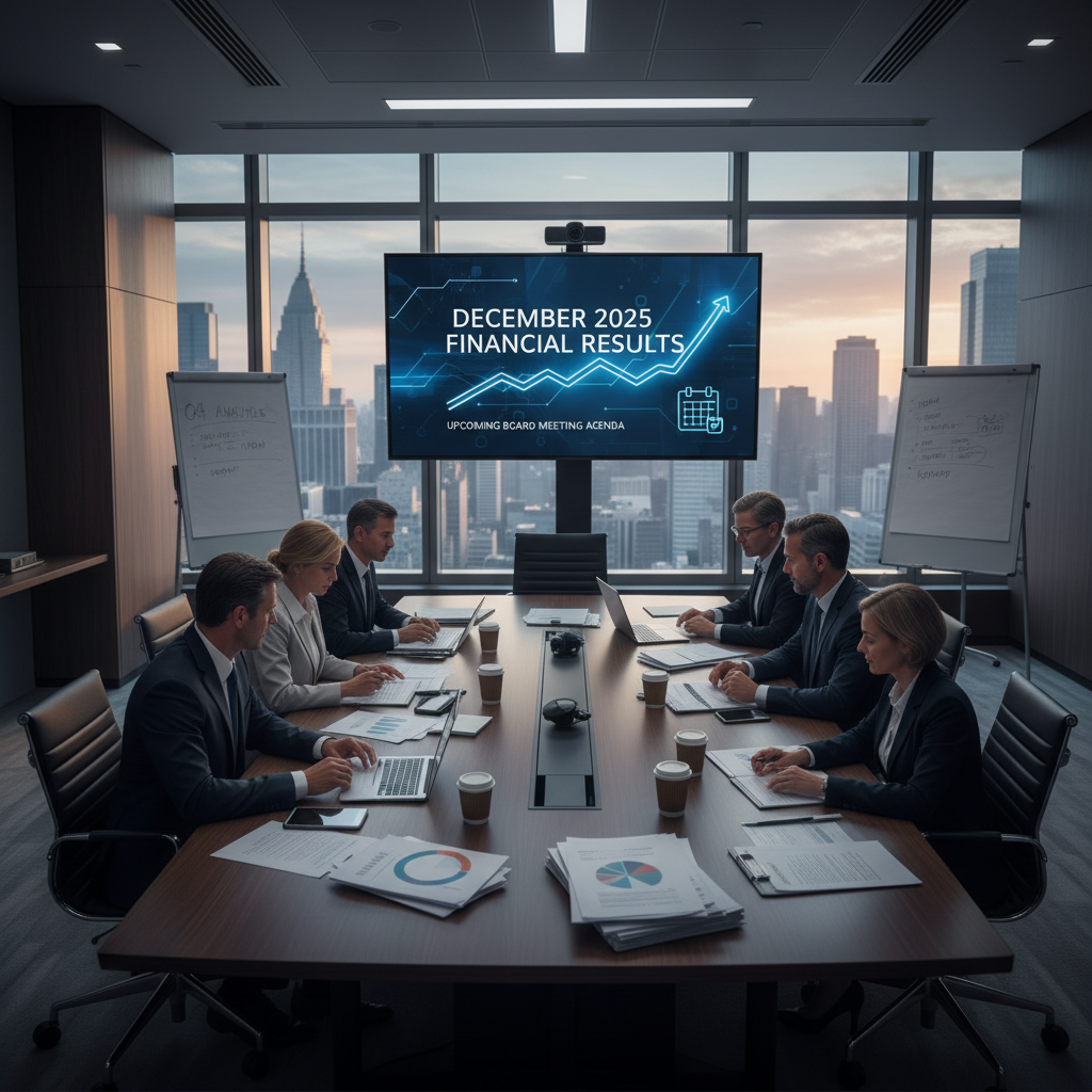 Professionals in a modern boardroom with city views, analyzing financial data on laptops and a large screen displaying "December 2025 Financial Results."