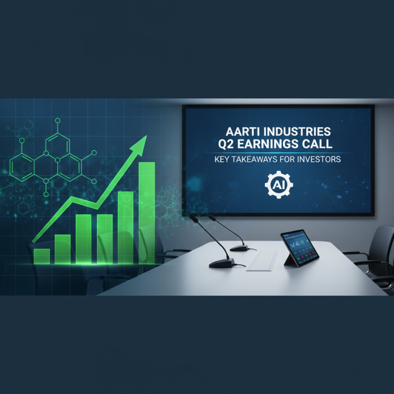 A professional conference room with a screen displaying "Aarti Industries Q2 Earnings Call" and a financial growth chart.
