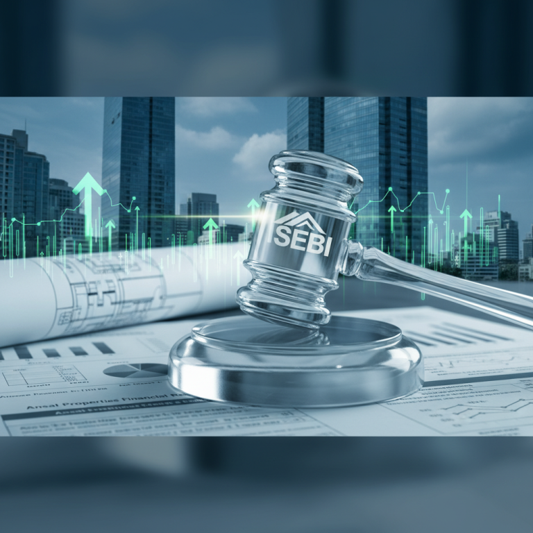 A clear gavel with the SEBI logo over financial documents, against a backdrop of modern buildings and an upward trending graph.