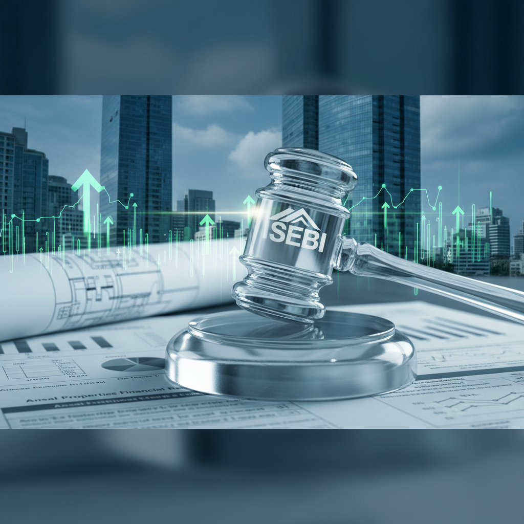 A clear gavel with the SEBI logo over financial documents, against a backdrop of modern buildings and an upward trending graph.