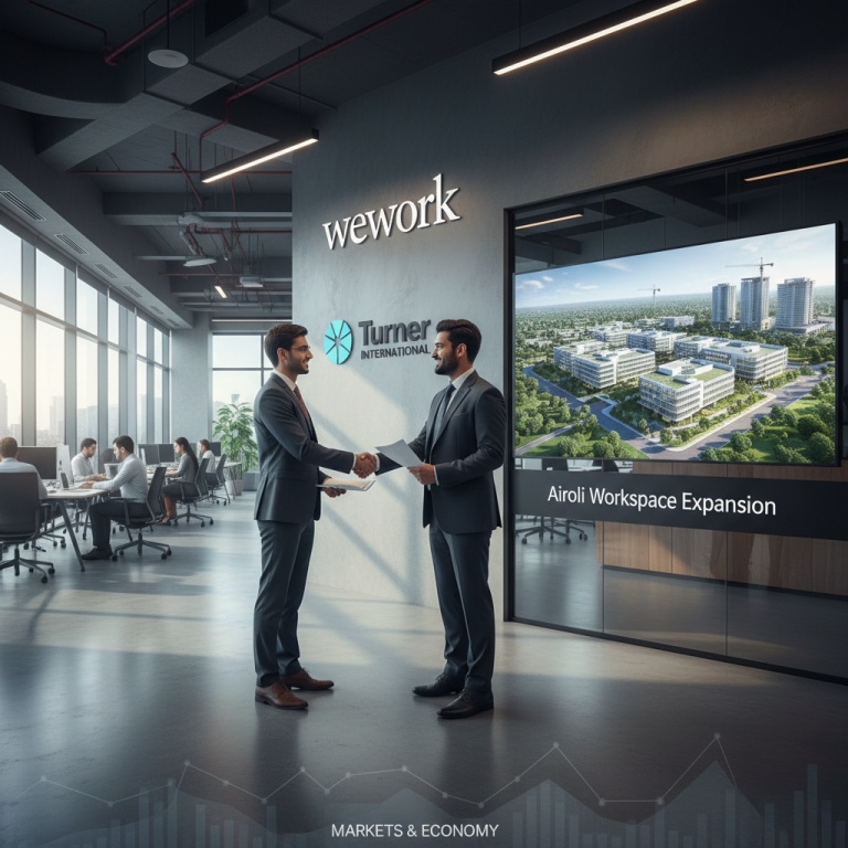 Two businessmen shake hands in a modern office with WeWork and Turner International logos, and a screen showing an office expansion.
