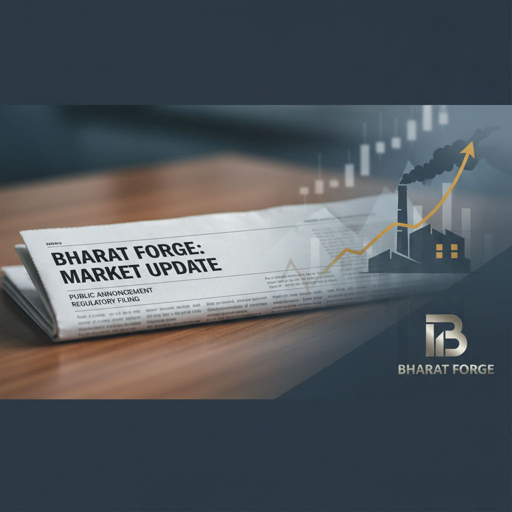 A newspaper with "Bharat Forge: Market Update" on the front page, overlaid with market graphs and a factory silhouette.
