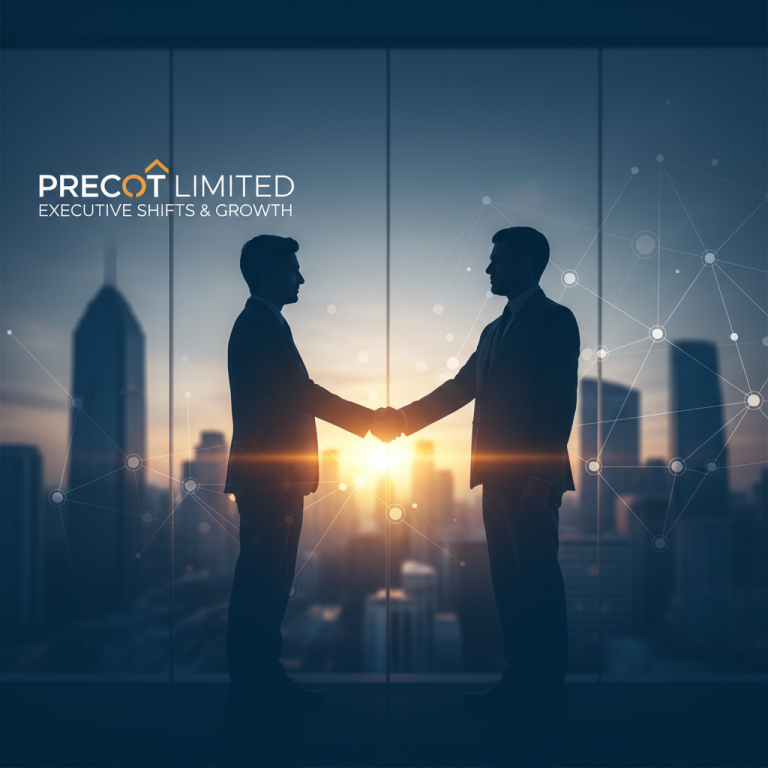 Two business professionals in silhouette shaking hands in front of a modern office window with a city skyline at sunset.