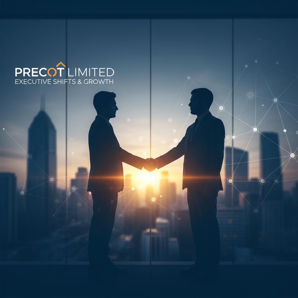 Two business professionals in silhouette shaking hands in front of a modern office window with a city skyline at sunset.