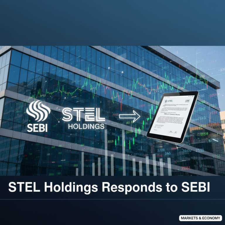 A modern office building with overlayed financial charts and the logos of SEBI and STEL Holdings.