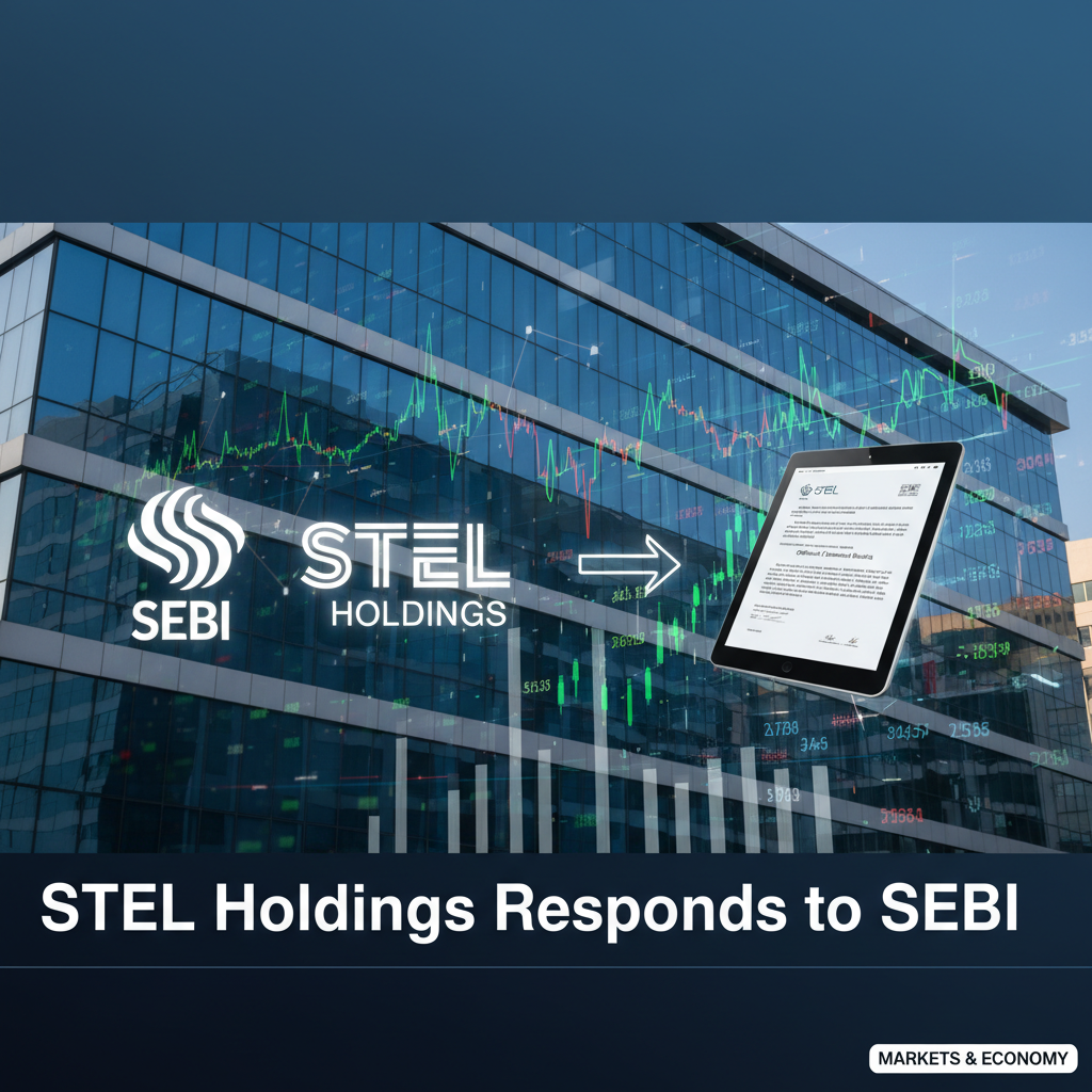 A modern office building with overlayed financial charts and the logos of SEBI and STEL Holdings.