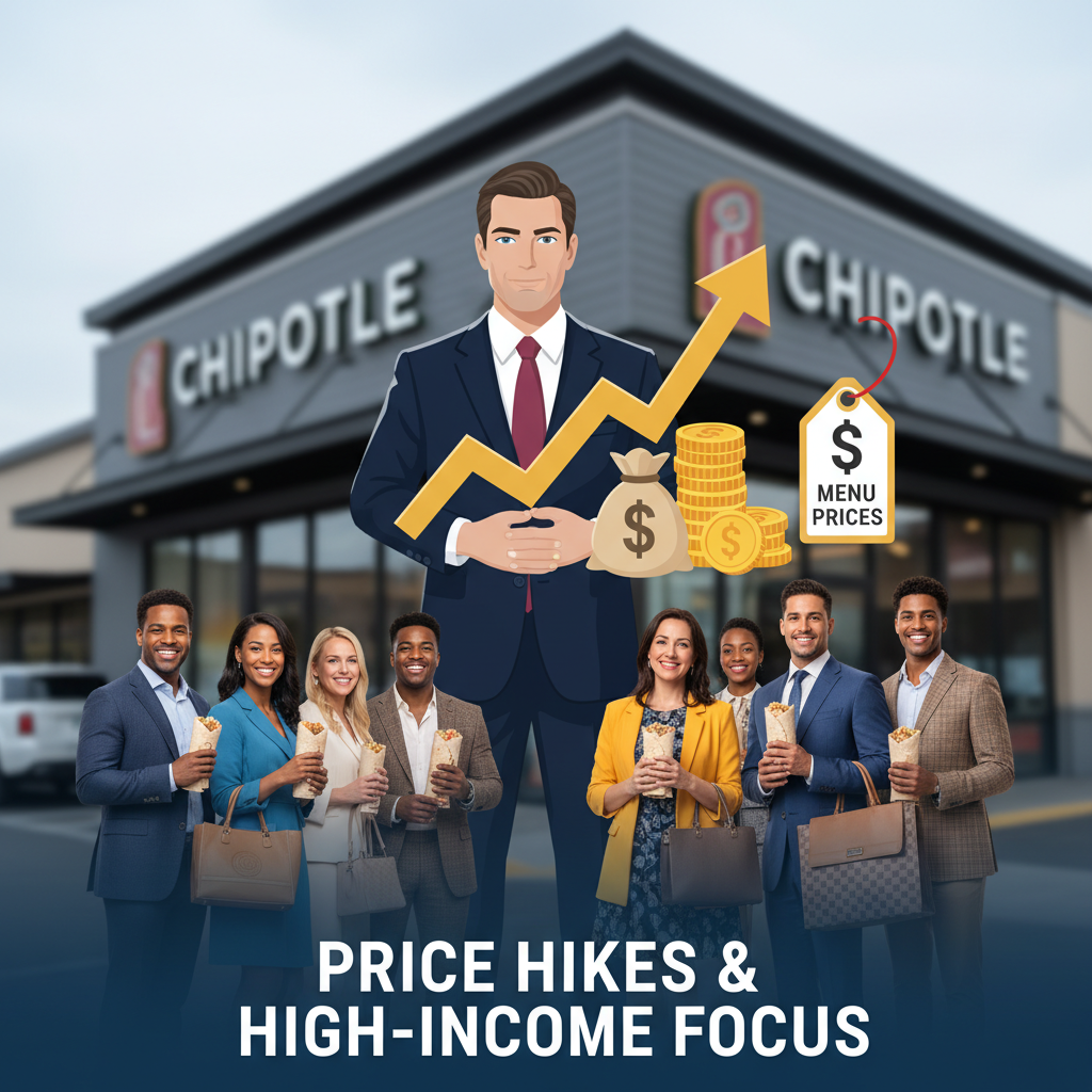 An illustration of Chipotle's CEO with an upward arrow and money bags, in front of a Chipotle restaurant with well-dressed customers.