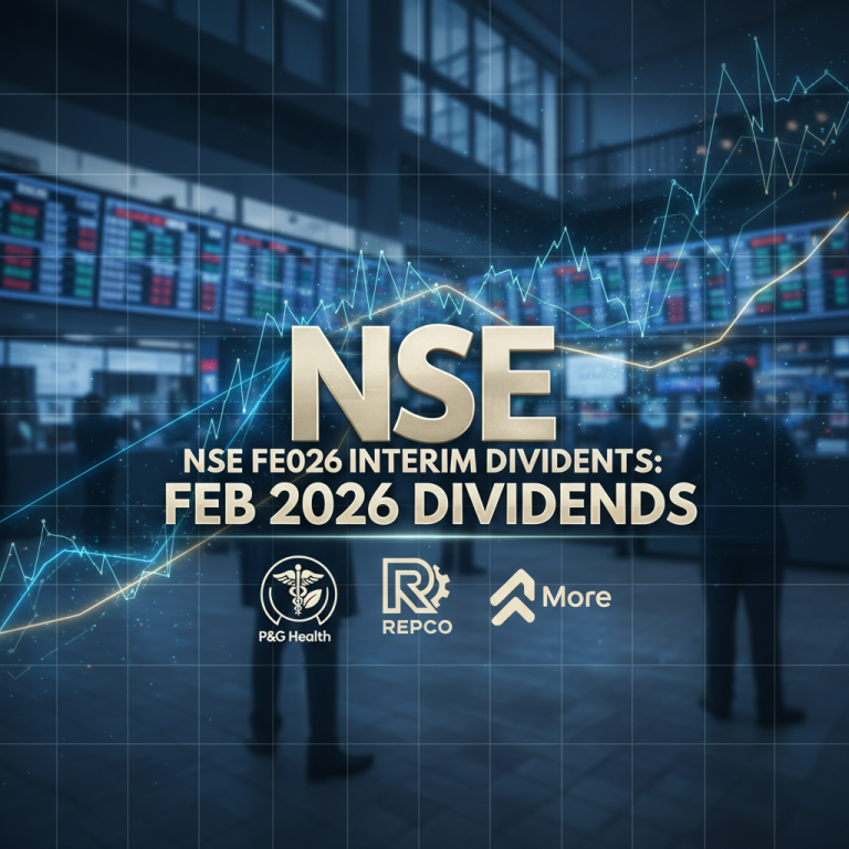 A professional image showing "NSE FE026 INTERIM DIVIDENDS: FEB 2026 DIVIDENDS" with company logos (P&G Health, Repco, More) and stock market charts in the background.