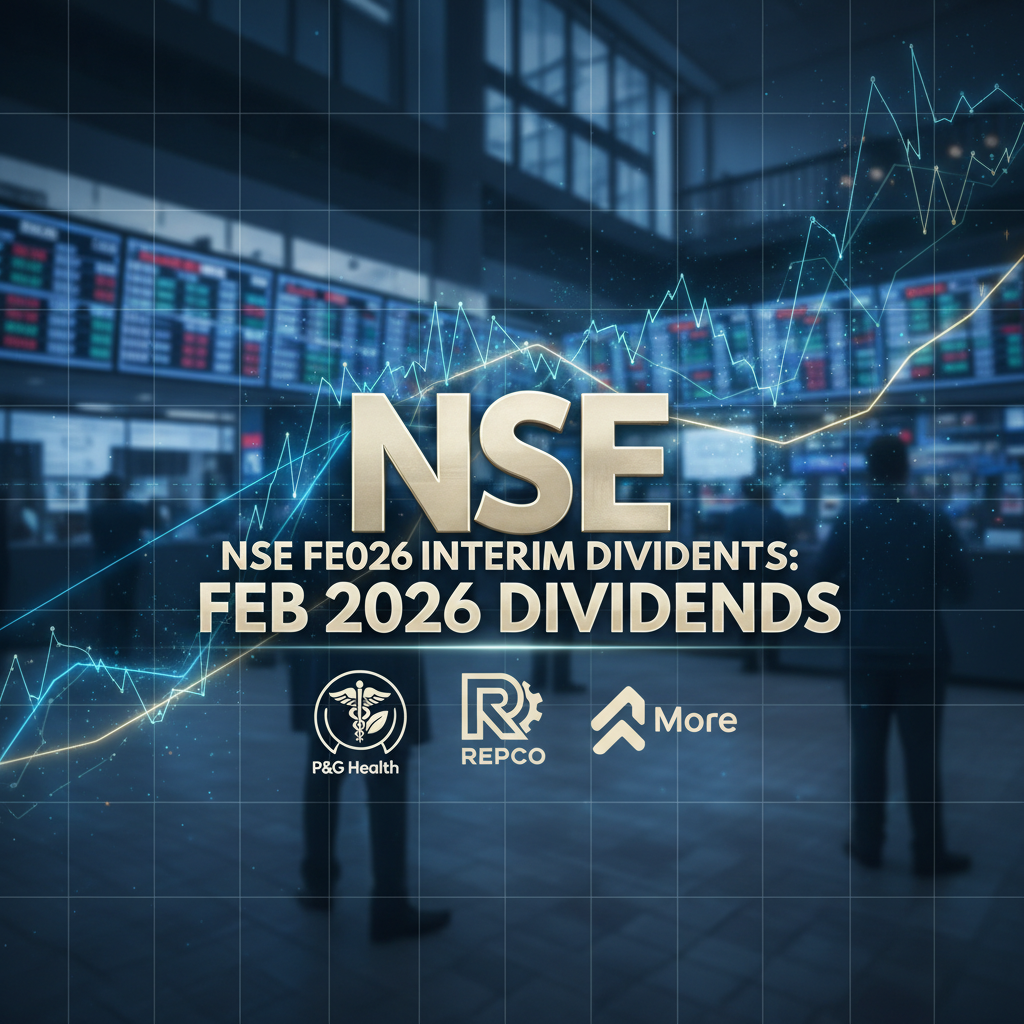 A professional image showing "NSE FE026 INTERIM DIVIDENDS: FEB 2026 DIVIDENDS" with company logos (P&G Health, Repco, More) and stock market charts in the background.