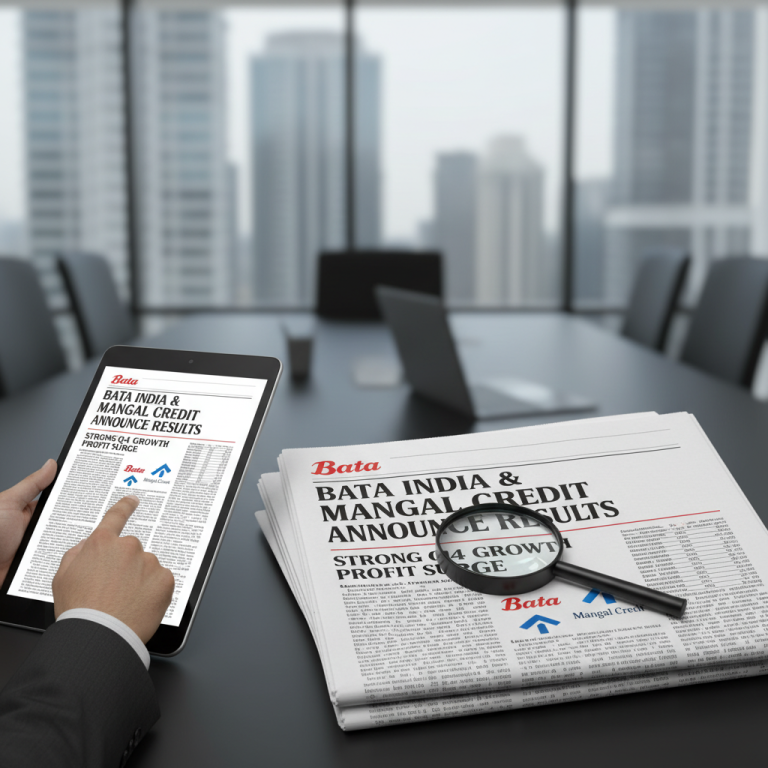 A person comparing newspaper financial results with a tablet showing the same information, emphasizing analysis.