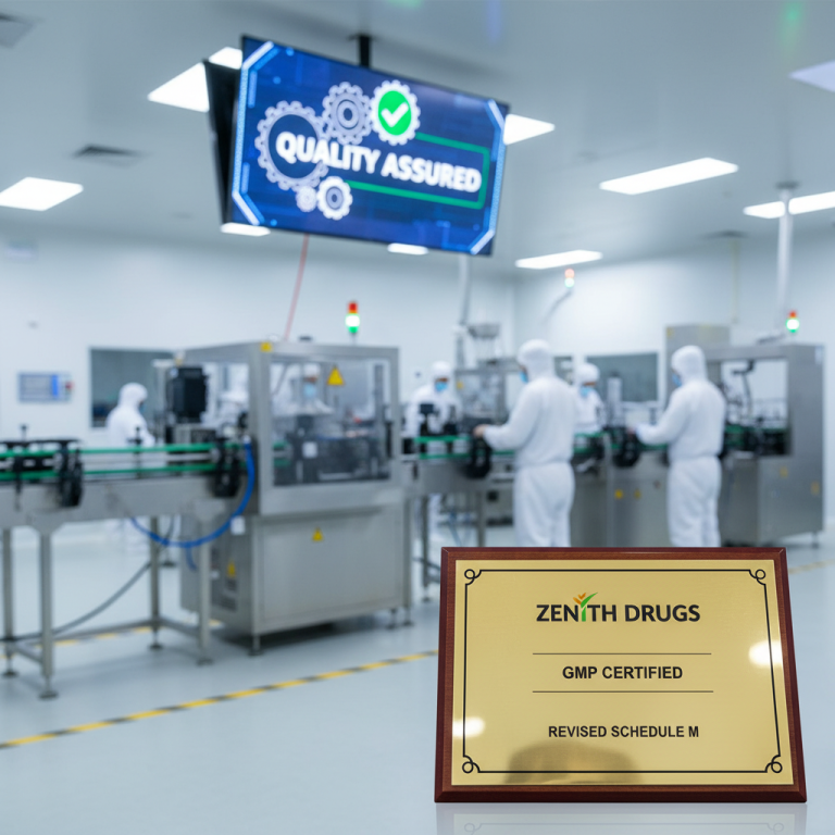 A gold plaque for Zenith Drugs' GMP certification, foregrounding a pharmaceutical manufacturing facility.