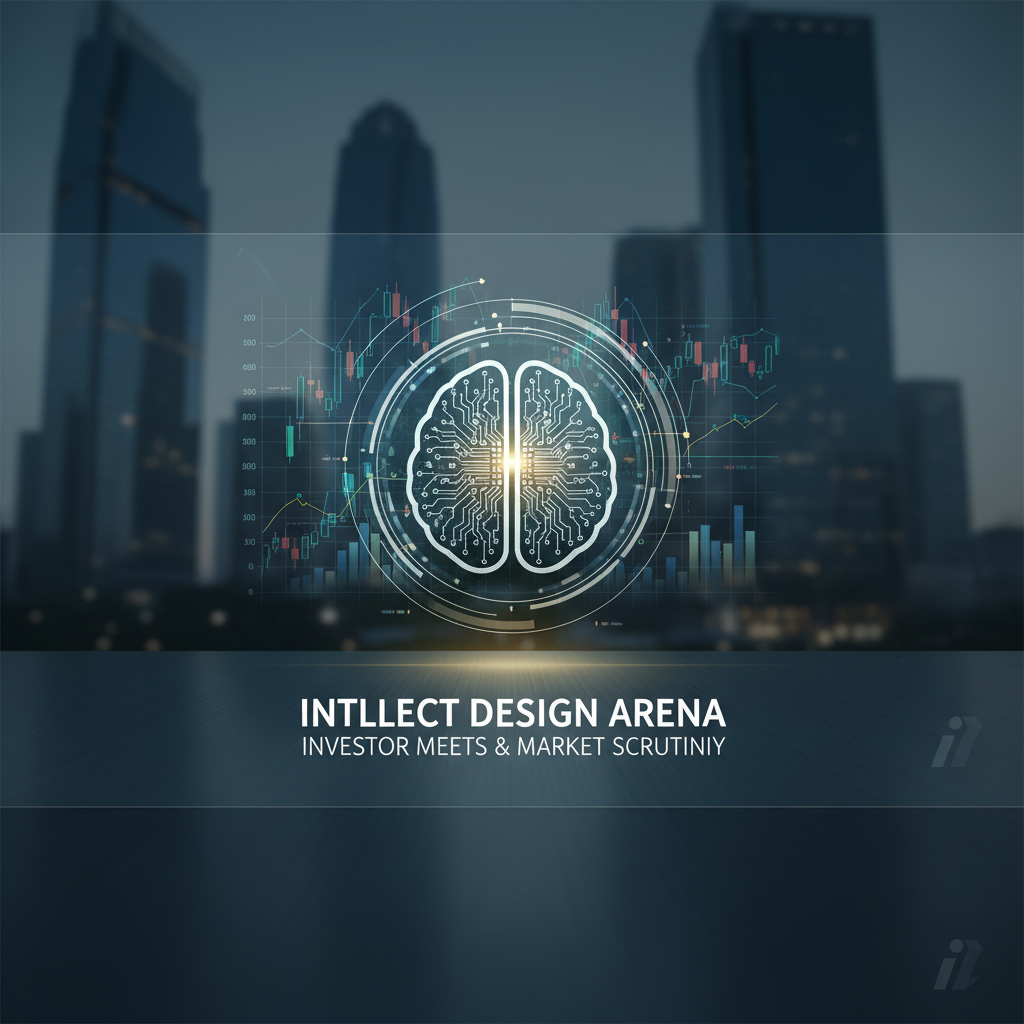 A digital brain icon overlaying stock market charts and a city skyline, representing technology, finance, and market analysis.