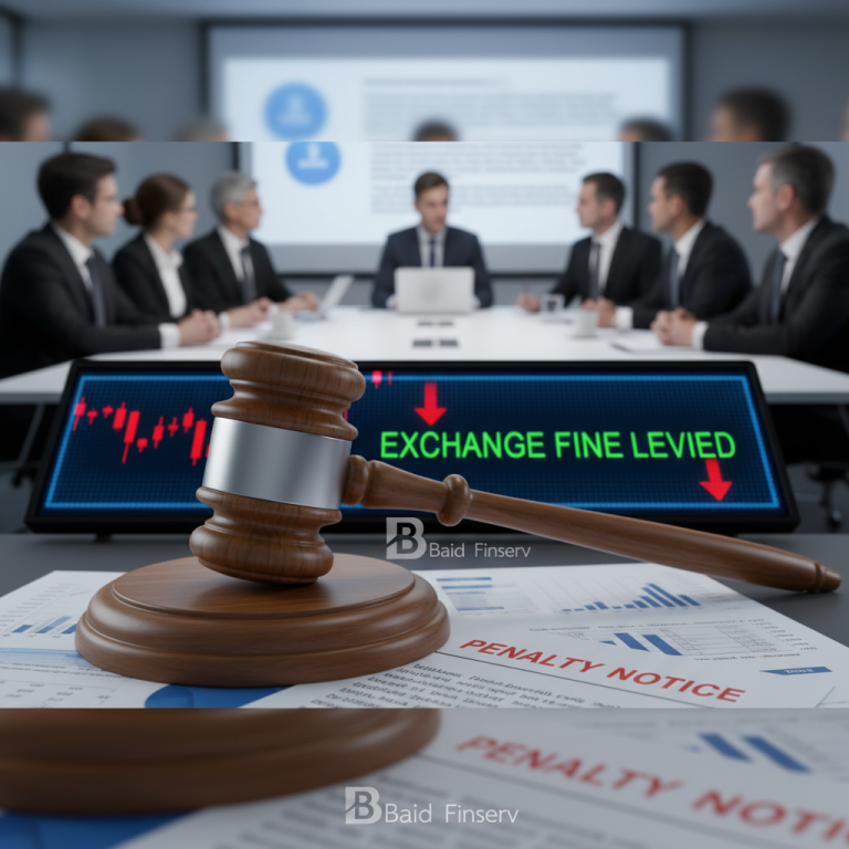 A gavel on a penalty notice, with a blurry image of a business meeting in the background.