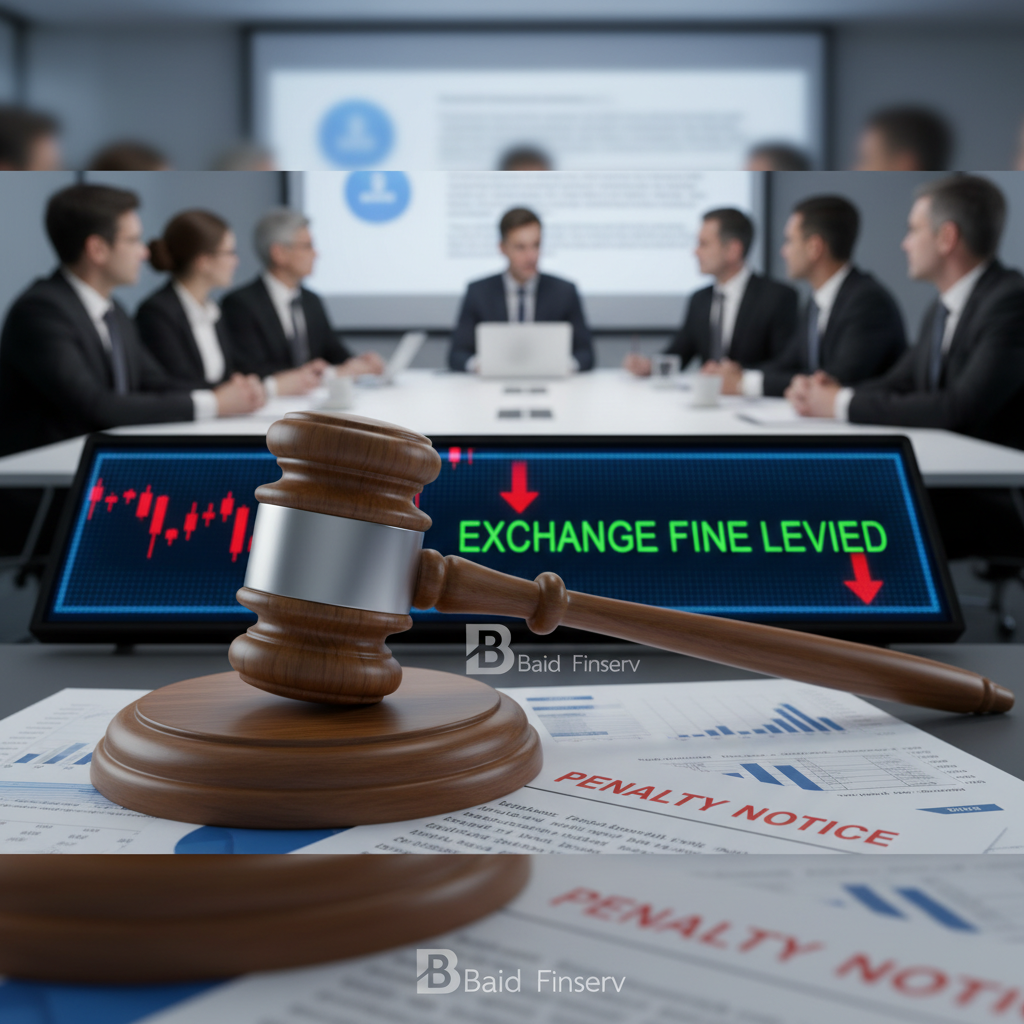 A gavel on a penalty notice, with a blurry image of a business meeting in the background.