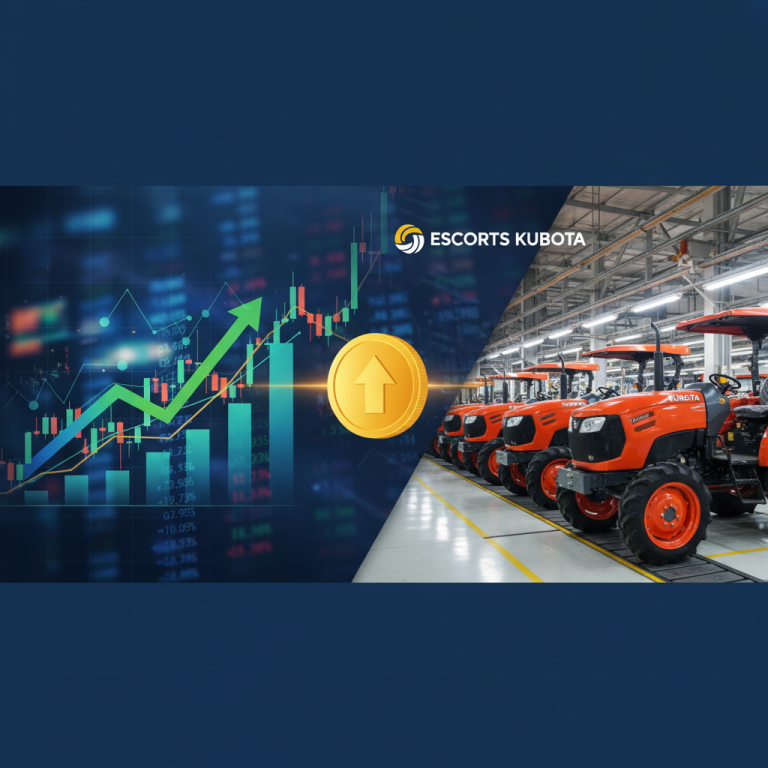 A split image showing a stock chart with an upward trend and a factory floor with tractors.