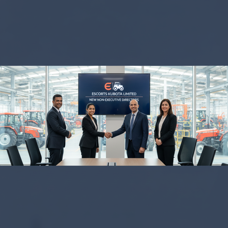 Four professionals shaking hands in a modern office overlooking a factory floor with tractors.