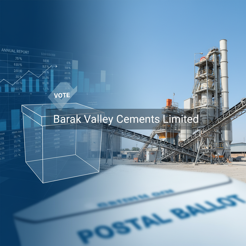 A professional image blending a cement factory with abstract financial data, a voting box, and a "POSTAL BALLOT" text.