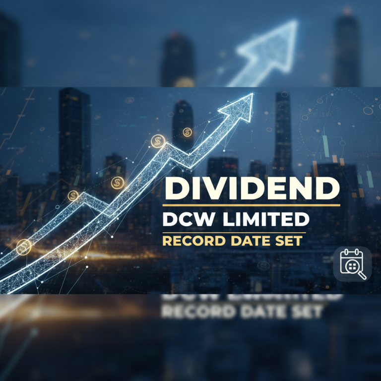 Digital arrow graph rising over a city skyline, symbolizing growth and dividends for DCW Limited shareholders.