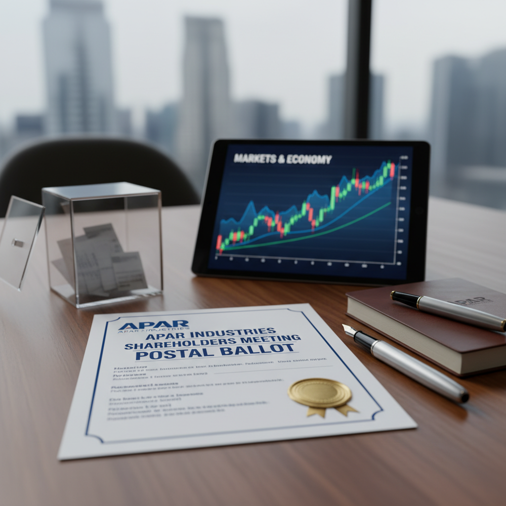 A professional image showing a document about a shareholders meeting, a ballot box, and a tablet displaying market trends.