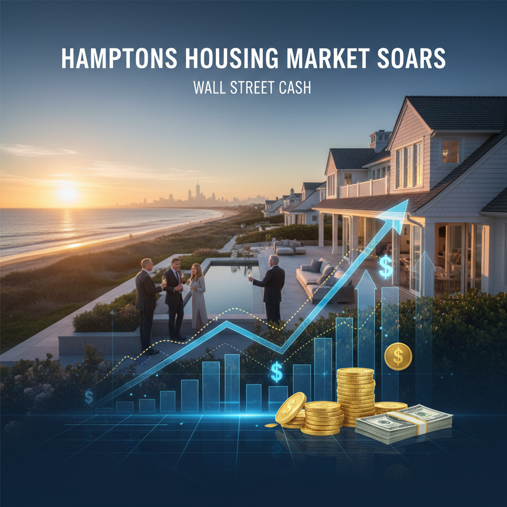 An upward trending graph and stacks of money overlaying a luxurious Hamptons beachfront home at sunset.