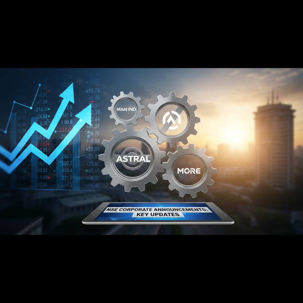 Professional image depicting gears with company names, stock market data, and a tablet displaying the article title, set against a city skyline.