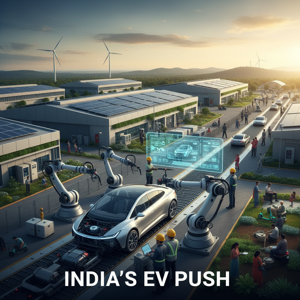 An advanced EV manufacturing plant in India with robots, solar panels, and wind turbines, symbolizing sustainable growth.