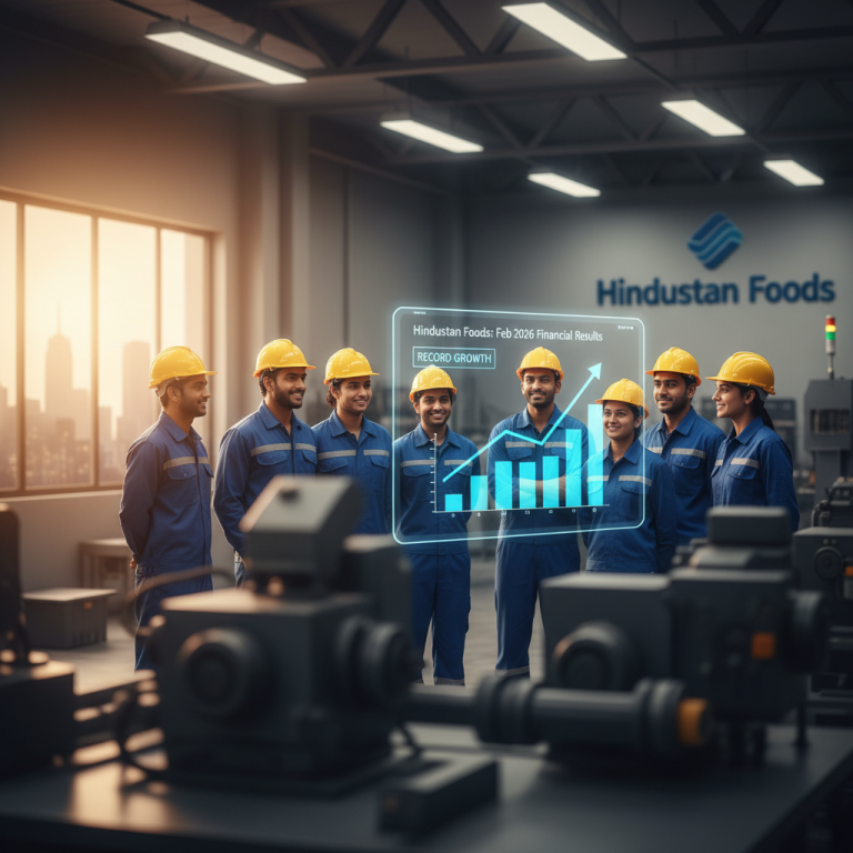 Team of factory workers in safety gear smiling, with a holographic financial growth chart and Hindustan Foods logo.