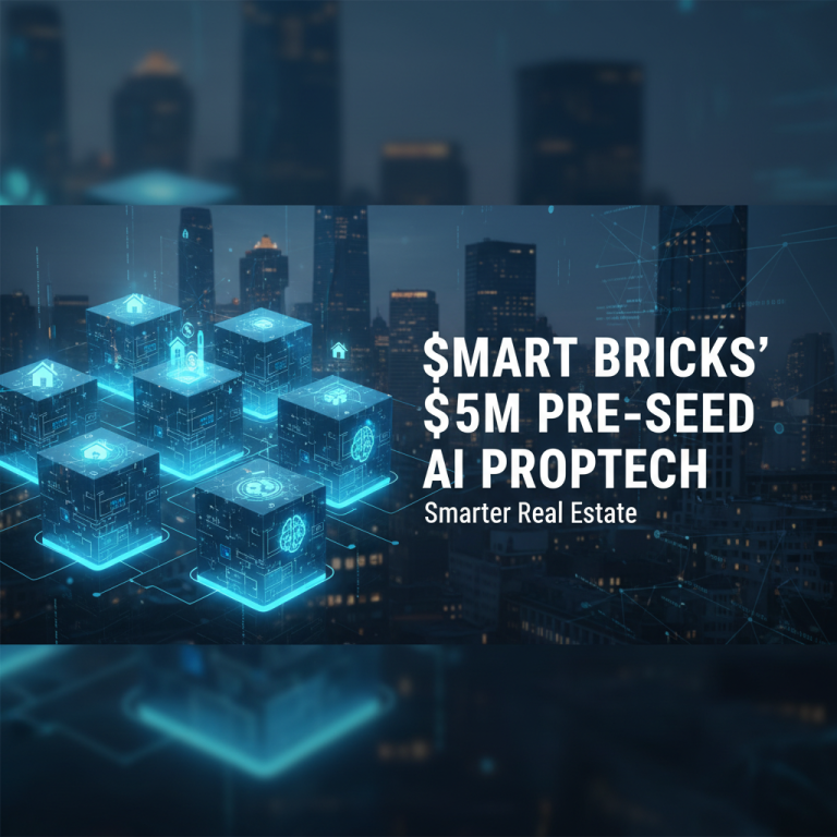 Futuristic city skyline at night with glowing blue digital cubes representing AI, property, and technology.