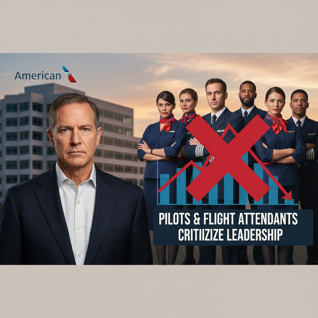 Image shows American Airlines CEO Doug Parker, pilots, and flight attendants. A red "X" and downward graphs symbolize criticism.