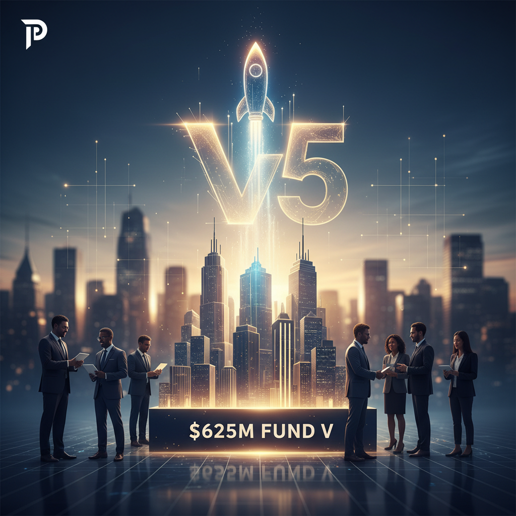 A professional image showing a glowing "V5" and a rocket taking off from a cityscape, surrounded by business people.