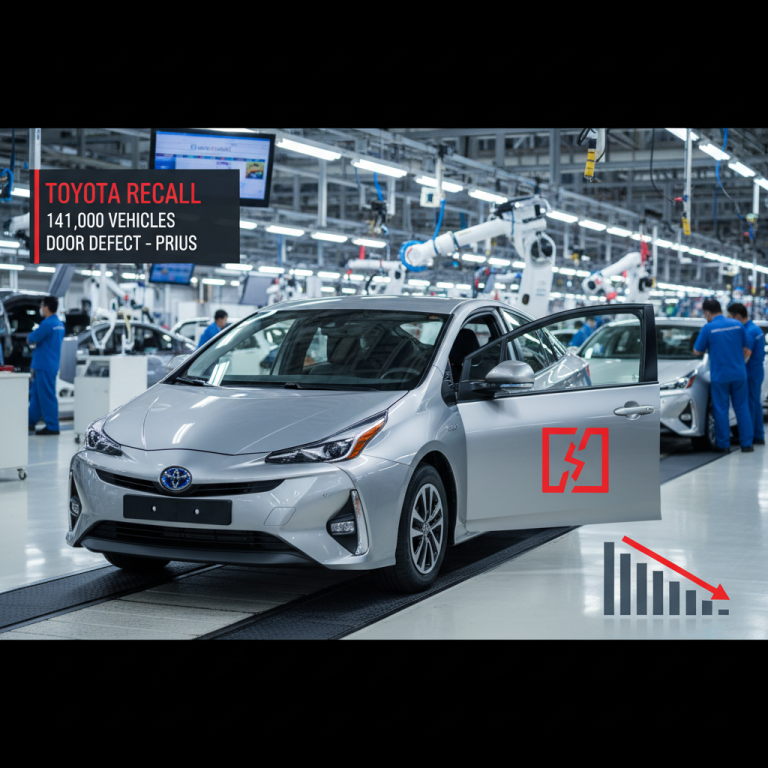 A silver Toyota Prius with its door open, featuring an overlaid defect icon and a declining bar graph.